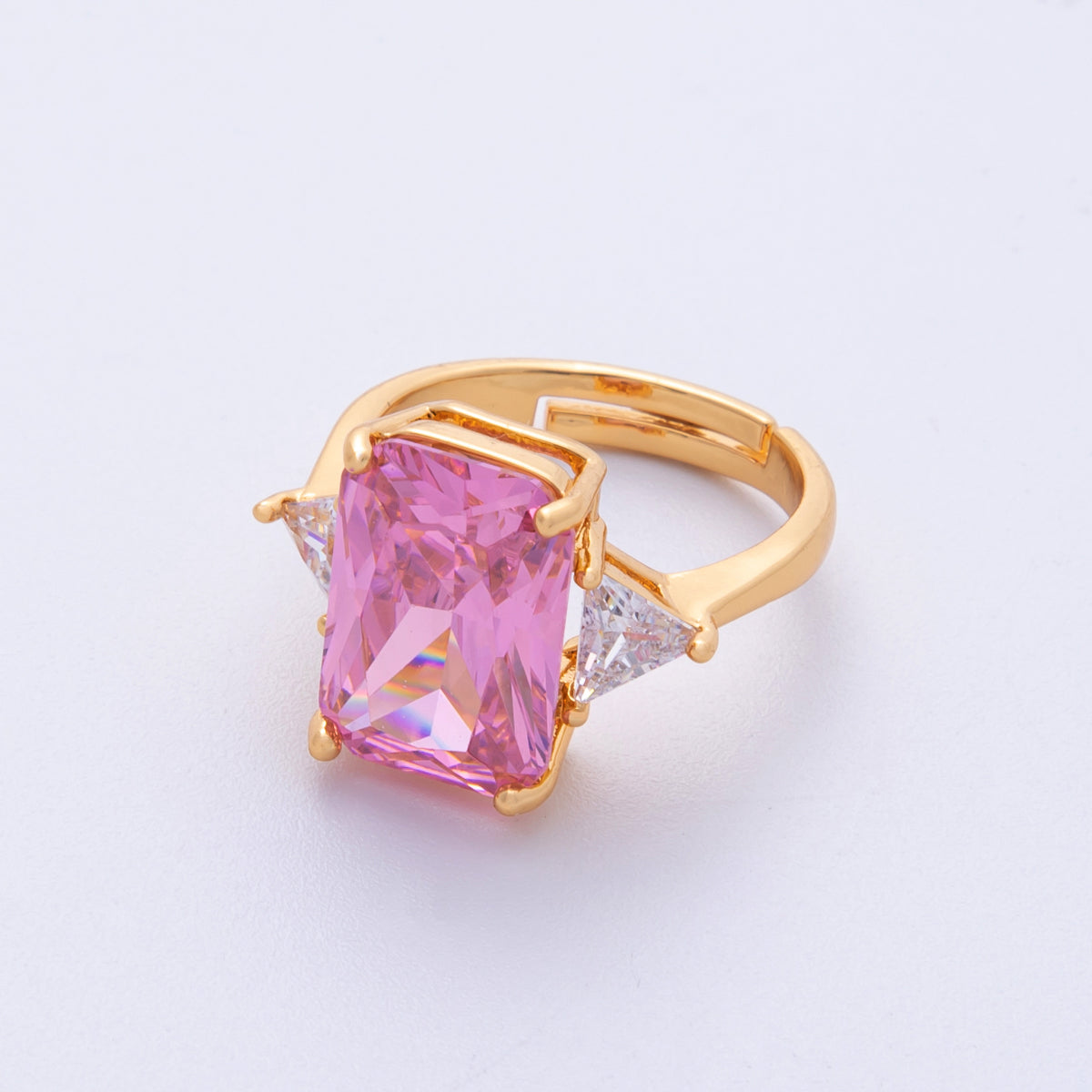 18K Gold Filled Pink, Clear CZ Baguette Triangle Solitaire Adjustable Ring | O805