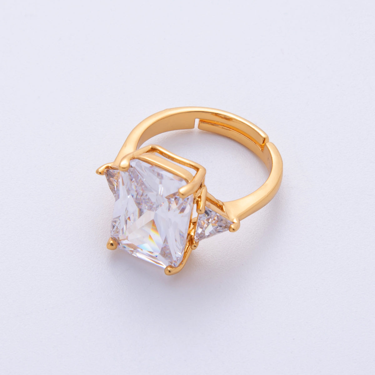 18K Gold Filled Pink, Clear CZ Baguette Triangle Solitaire Adjustable Ring | O805