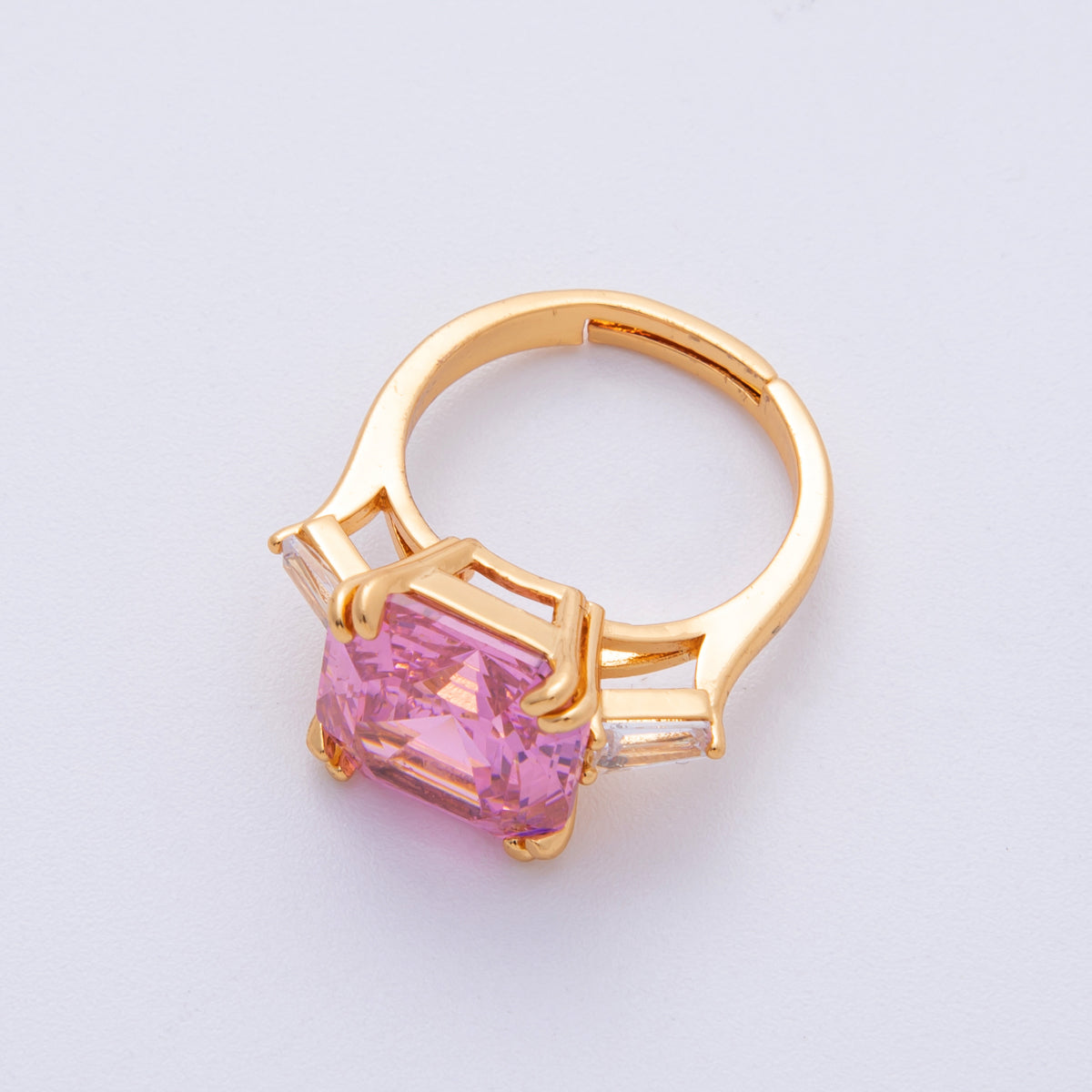 18K Gold Filled Pink, Clear CZ Baguette Square Solitaire Adjustable Ring | O811