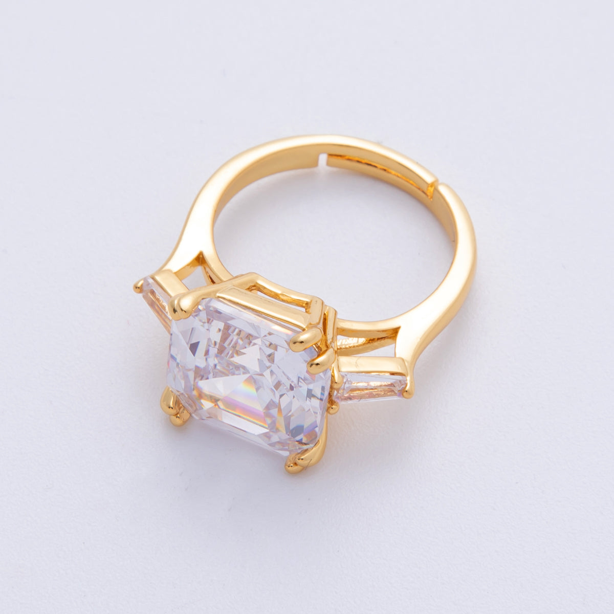 18K Gold Filled Pink, Clear CZ Baguette Square Solitaire Adjustable Ring | O811