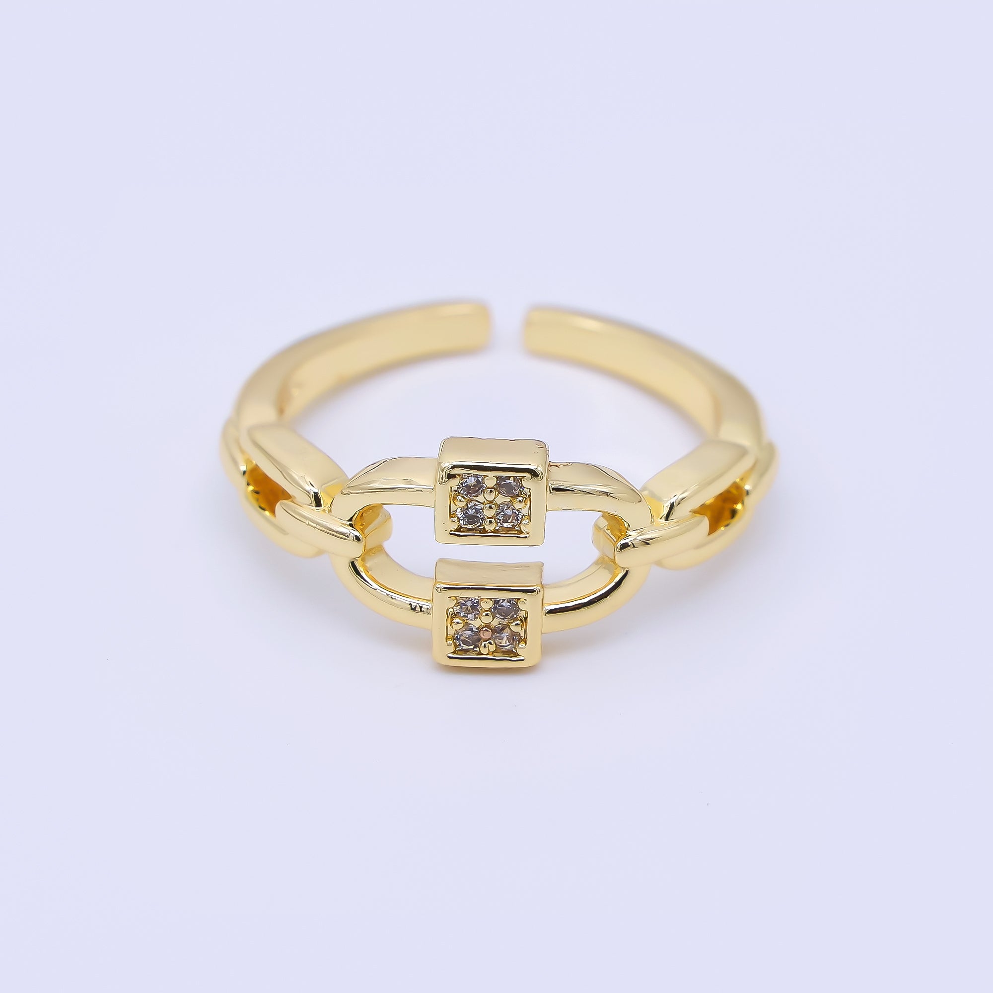 24K Gold Filled Micro Paved CZ Cable Anchor Chain Link Adjustable Ring | O1183