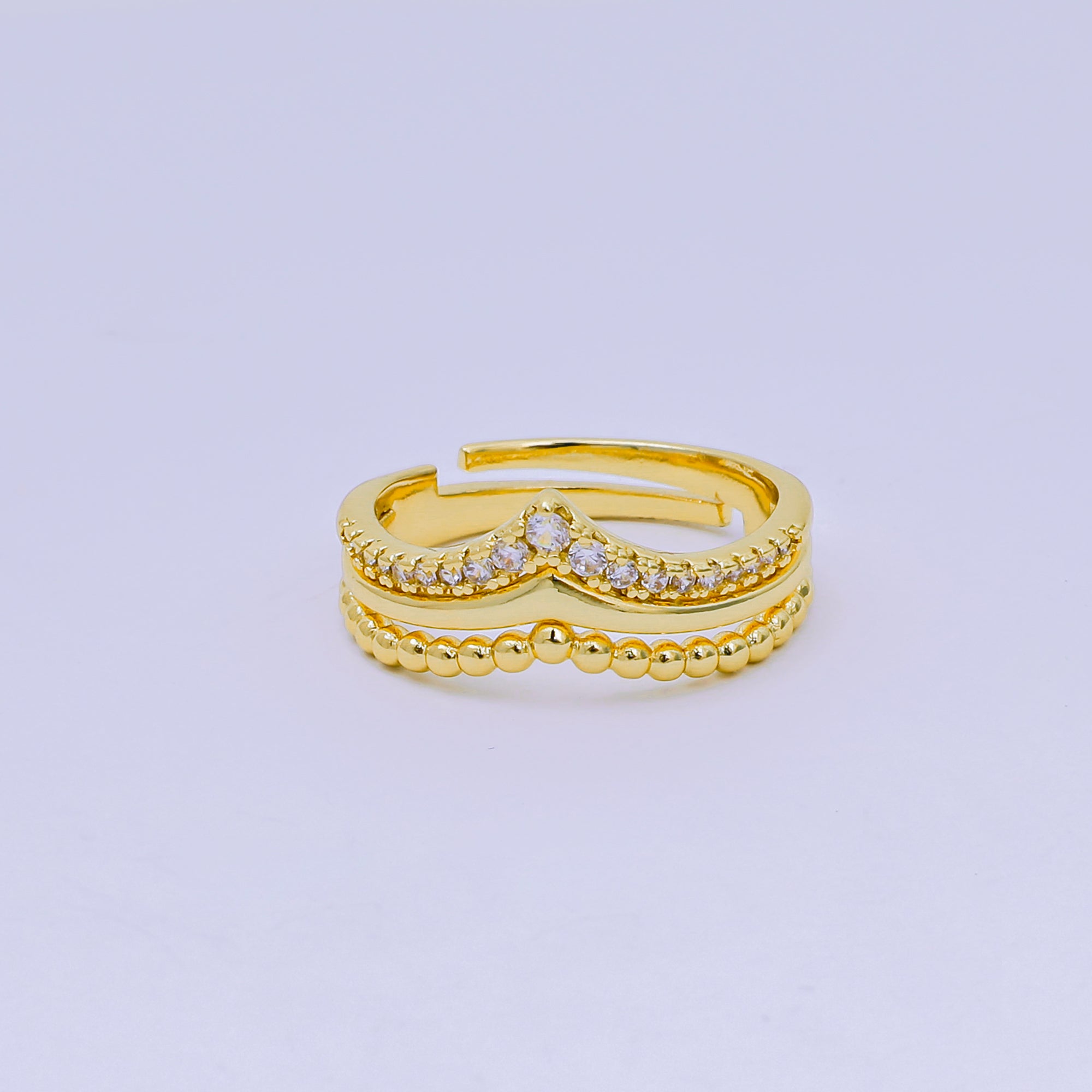 24K Gold Filled Micro Paved CZ Double Layer Beaded and CZ Crown Ring | O-1448