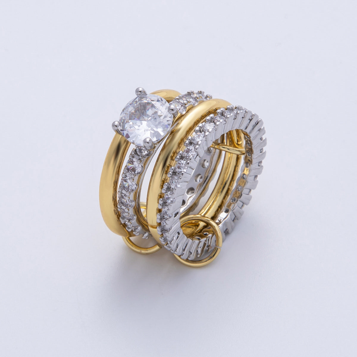 14K Gold Filled Solitaire Micro Paved CZ Interlock Stacked Mixed Metal Ring | O1678