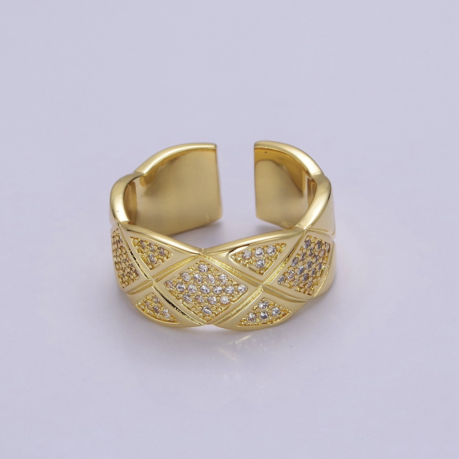 24K Gold Filled Micro Paved CZ X Lined Crossed Wide Band Ring | O2041