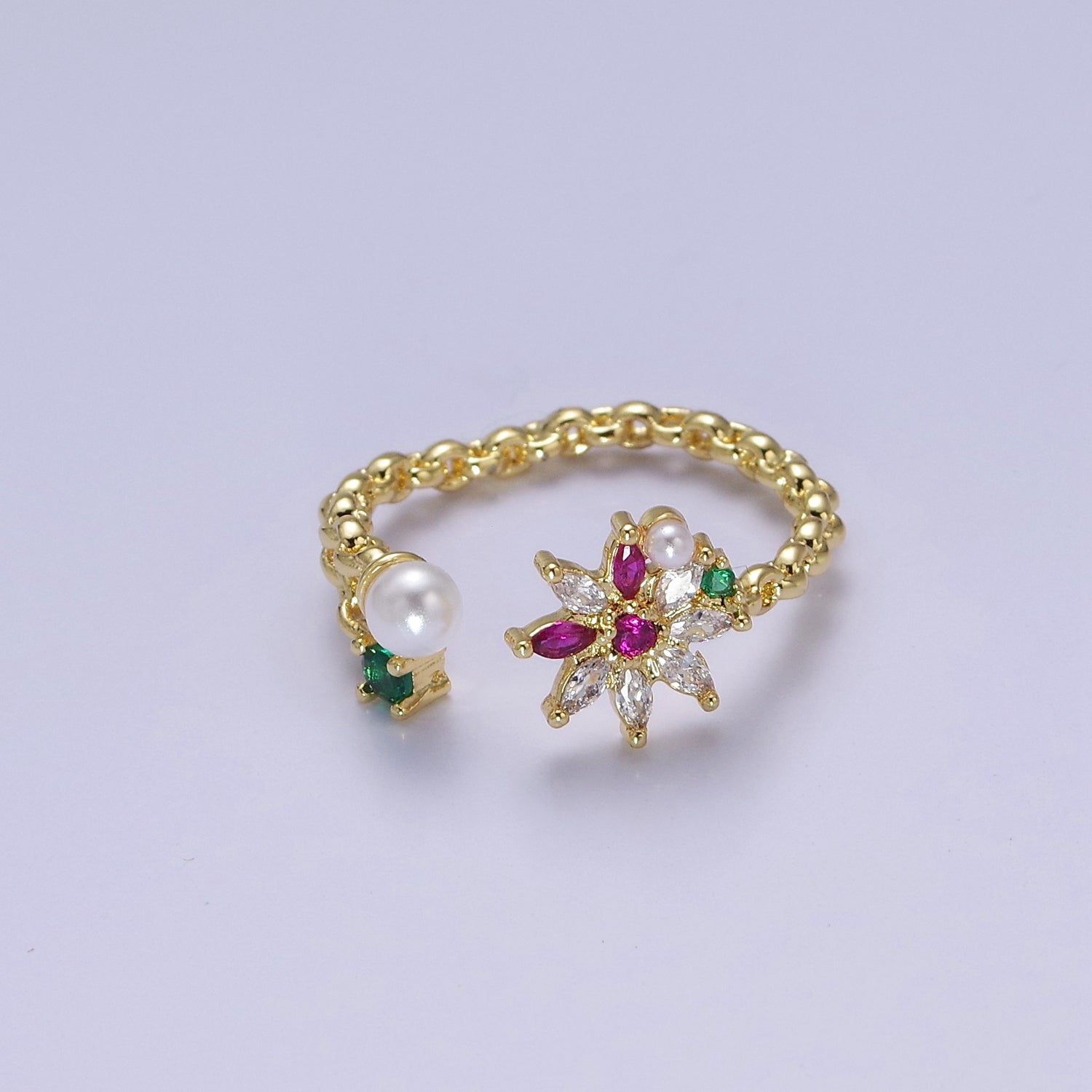 Dainty Pearl Flower Ring with Color Cz Stone O-2104