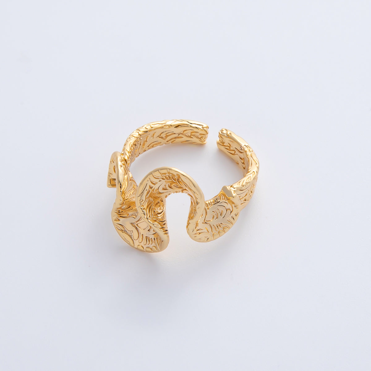 18K Gold Filled Leaf Textured Curved Wave Band Adjustable Ring | O596