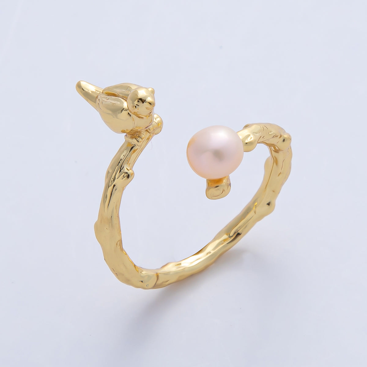18K Gold Filled Bird on a Branch with Champagne and White Shell Pearl Nature Inspired Animal Adjustable Ring | O798