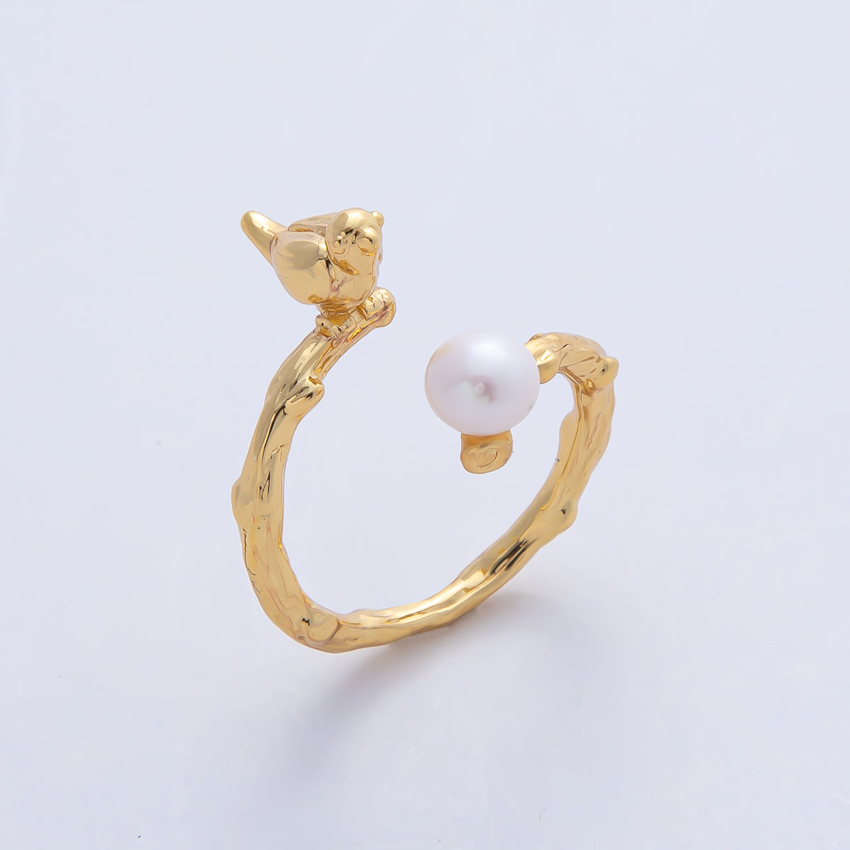 18K Gold Filled Bird on a Branch with Champagne and White Shell Pearl Nature Inspired Animal Adjustable Ring | O798