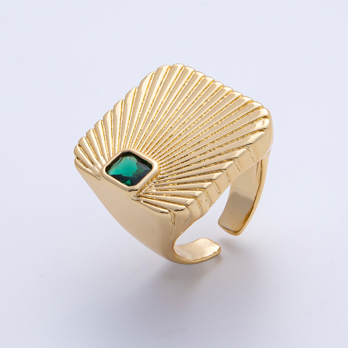 18K Gold Filled Green, Red, Clear Fuchsia Baguette CZ Sunburst Ribbed Signet Ring | O801 O802