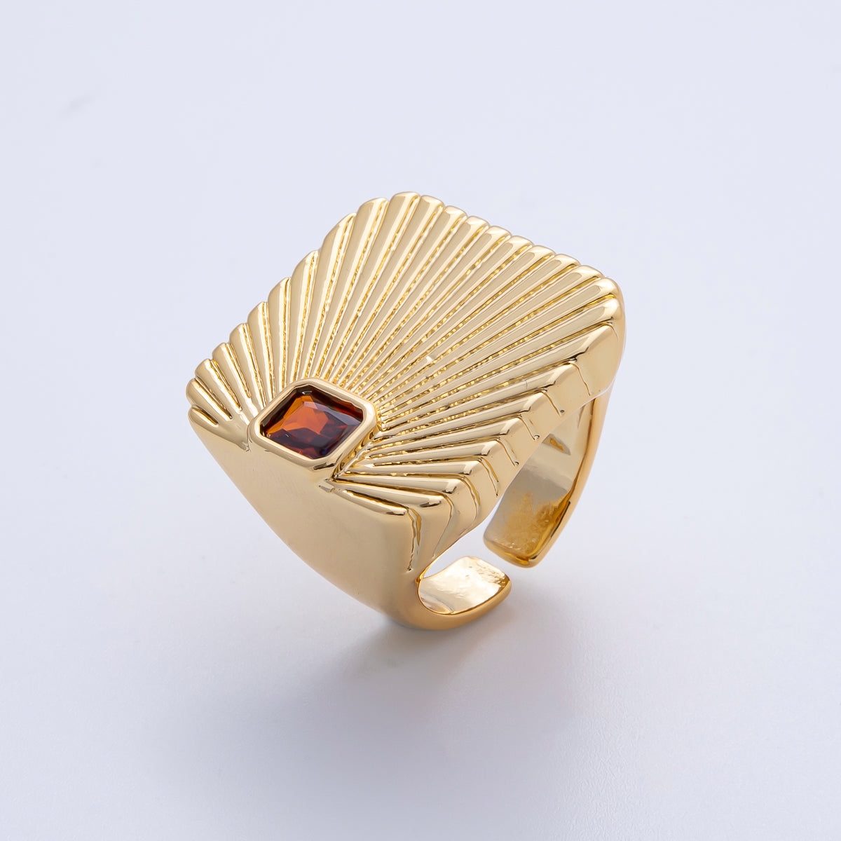 18K Gold Filled Green, Red, Clear Fuchsia Baguette CZ Sunburst Ribbed Signet Ring | O801 O802