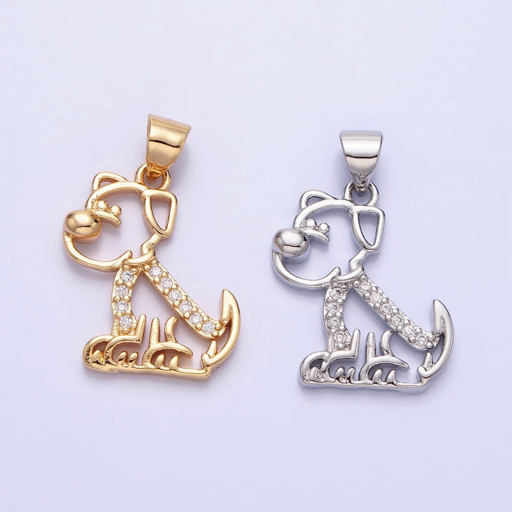 16K Gold Filled 25mm Micro Paved CZ Open Dog Puppy Pet Animal Pendant in Gold & Silver | AA302 AA312