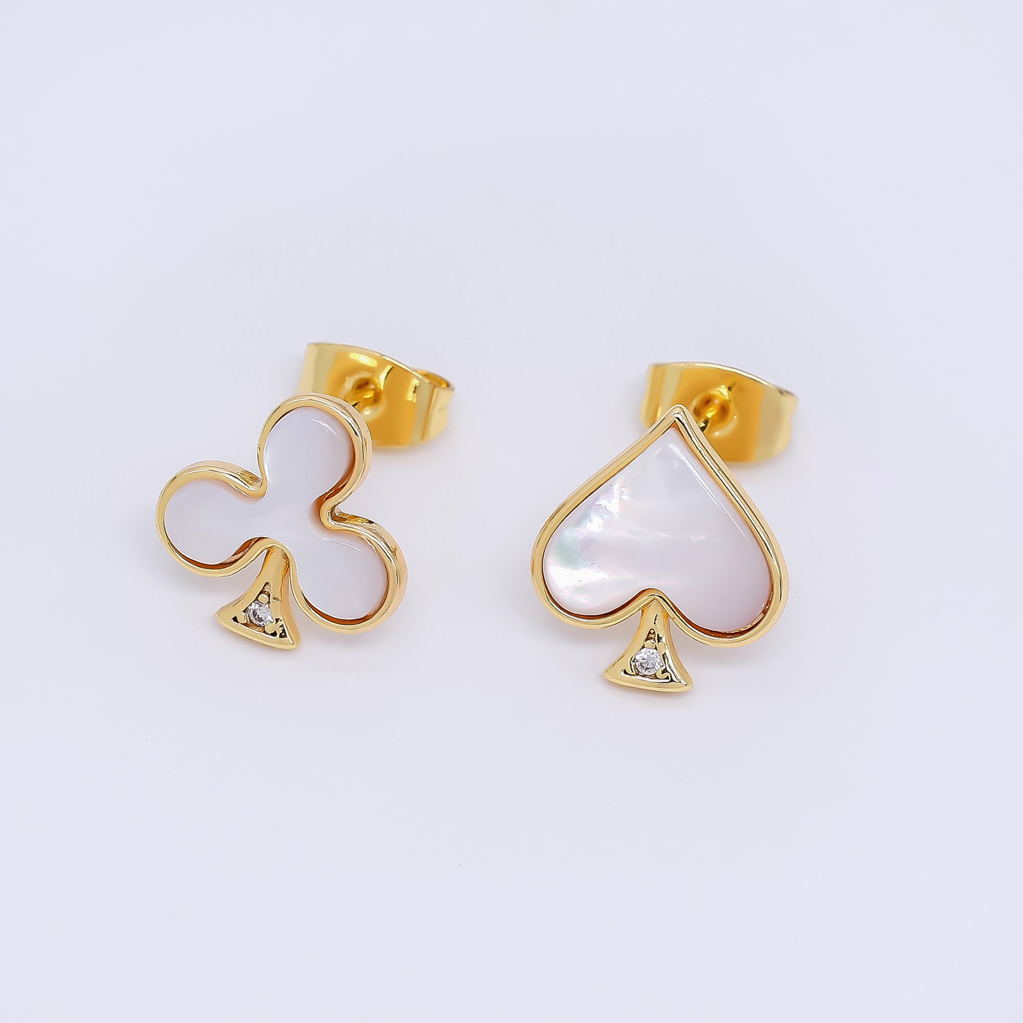 24K Gold Filled Shell Pearl Spades & Clubs Card Mis Matched Stud Earrings | Q-346