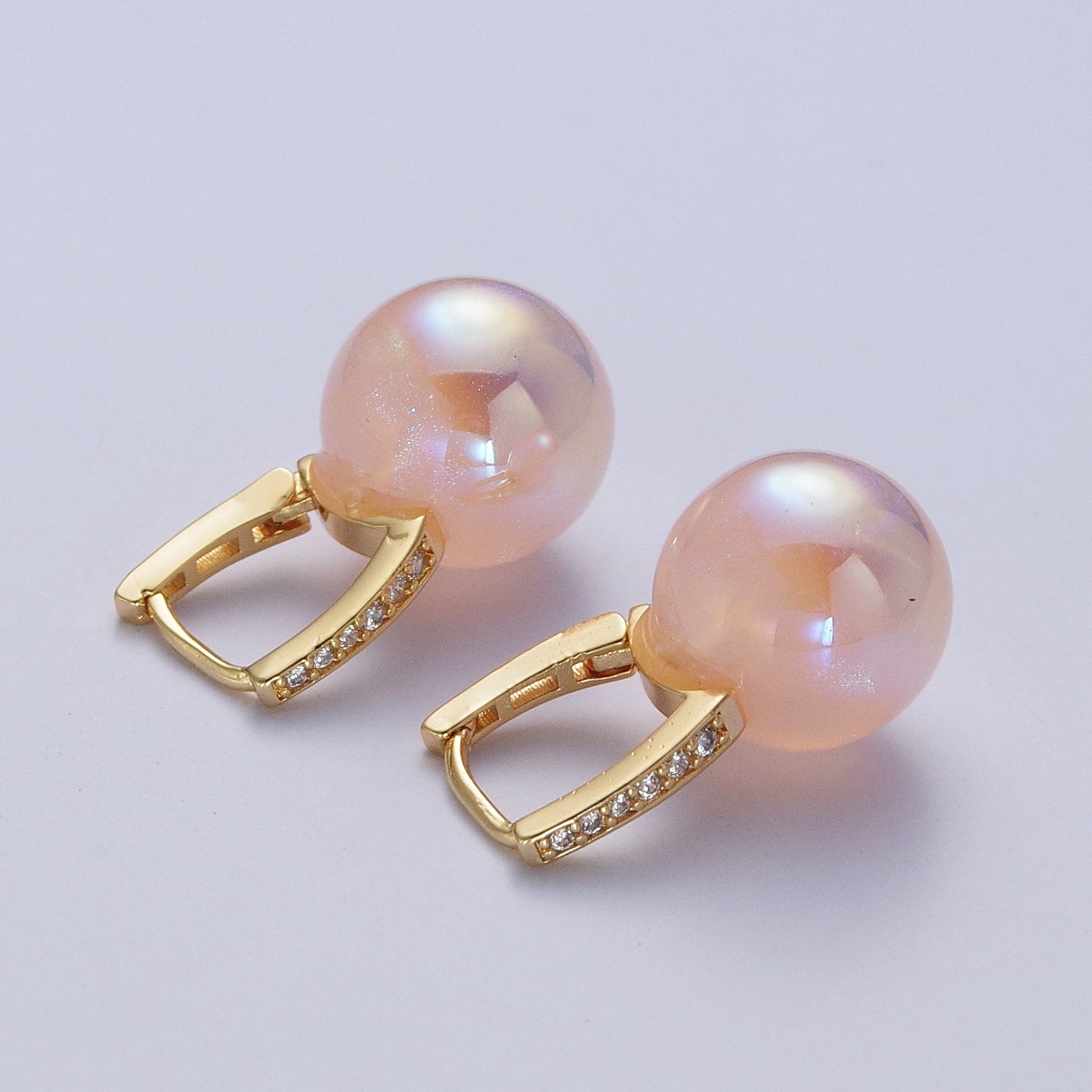 24K Gold Filled Leverback Earrings Small Huggie Hoops Earrings with Round Ball Pastel AB Color Drop Q-339 Q-353