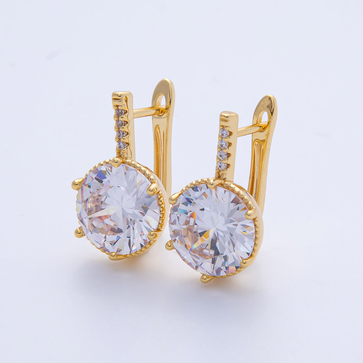 18K Gold Filled 20mm Clear CZ Round Micro Paved English Lock Earrings | Q354