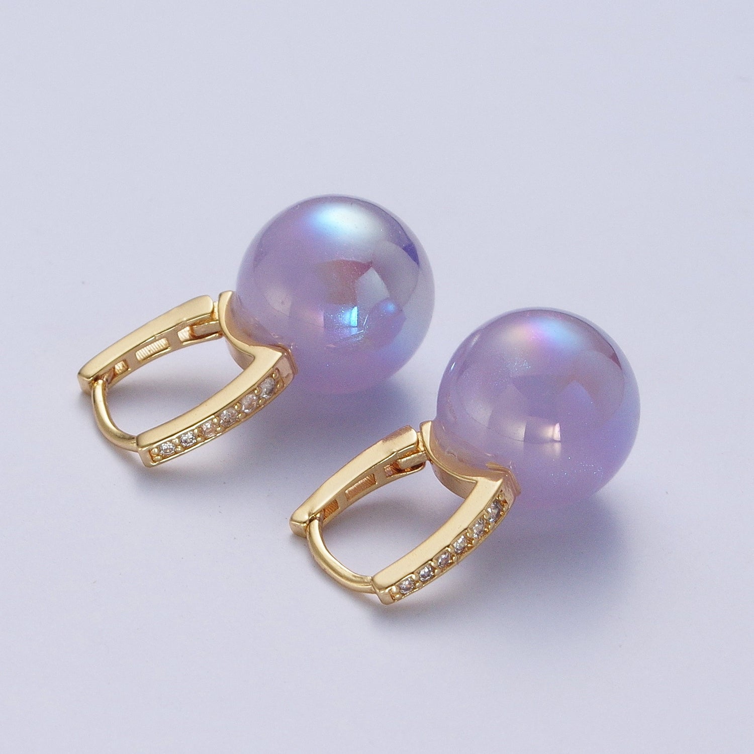 24K Gold Filled Leverback Earrings Small Huggie Hoops Earrings with Round Ball Pastel AB Color Drop Q-339 Q-353