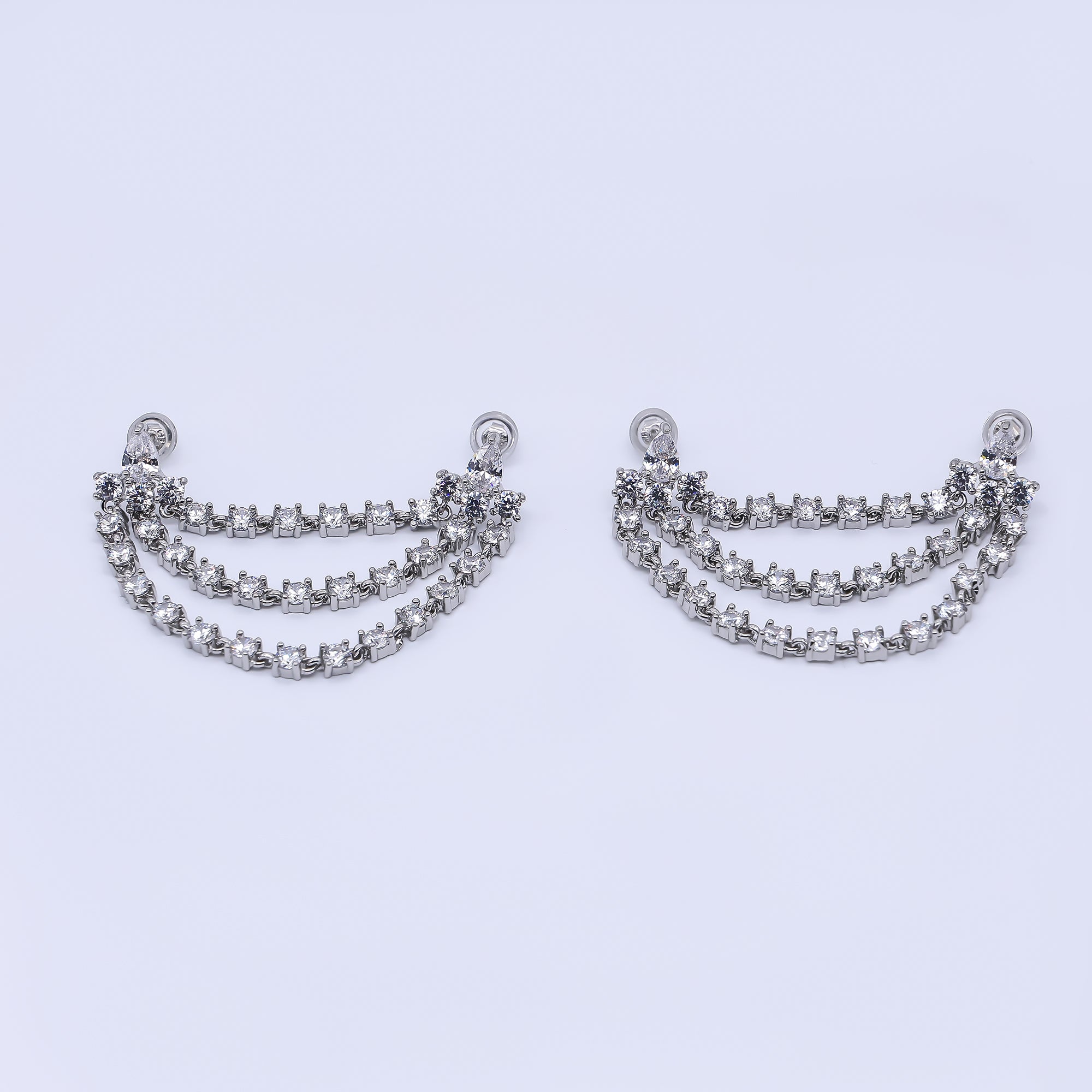 24K Gold Filled Clear CZ Triple Tennis Chain Drop Double Stud Earrings in Gold & Silver | V148 Q440