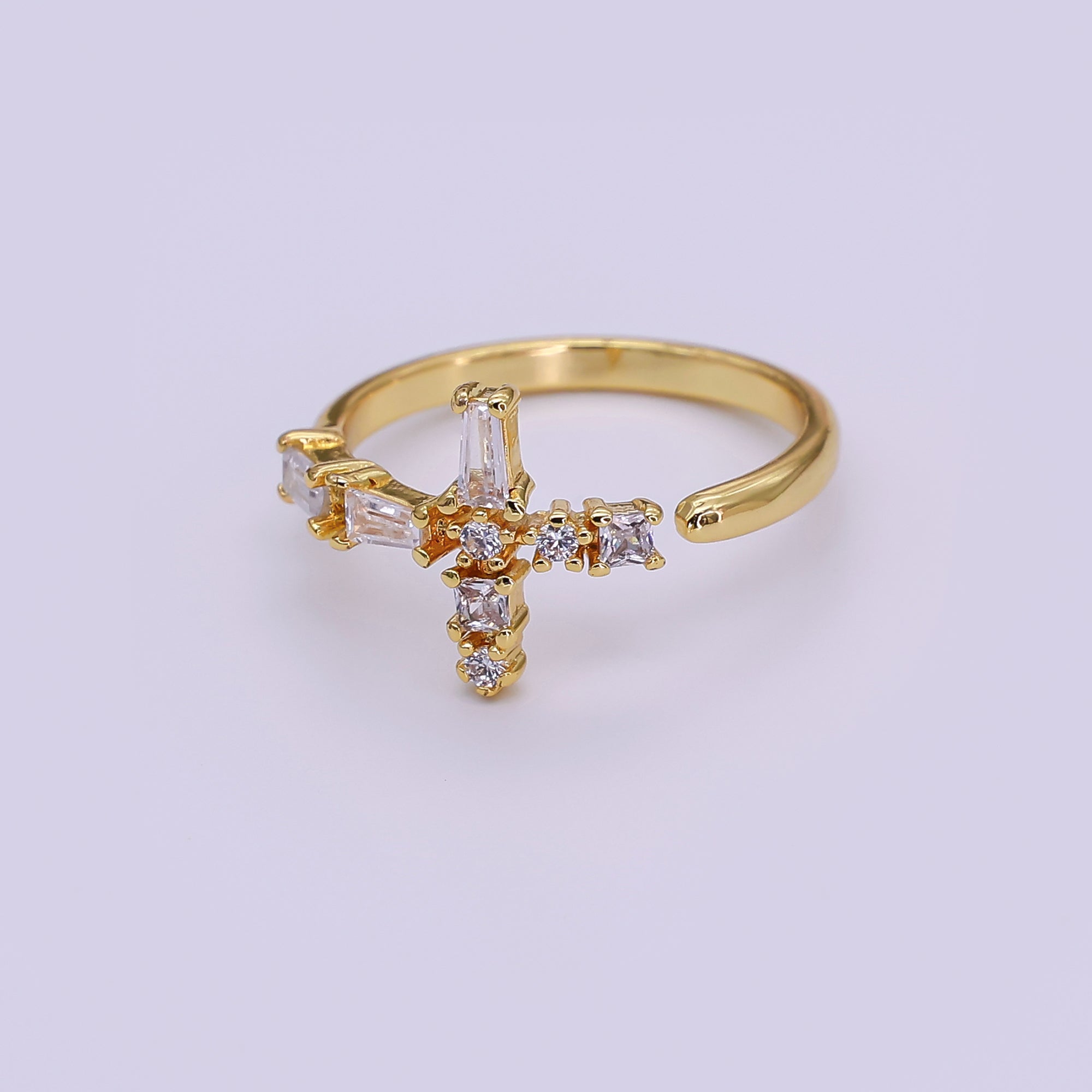Baguette Side Cross Ring - Gold Cross Ring - Stacking Rings - Sideway Cross Ring - Cross Jewelry - Religious Jewelry - Sign Micro Pave ring R-050