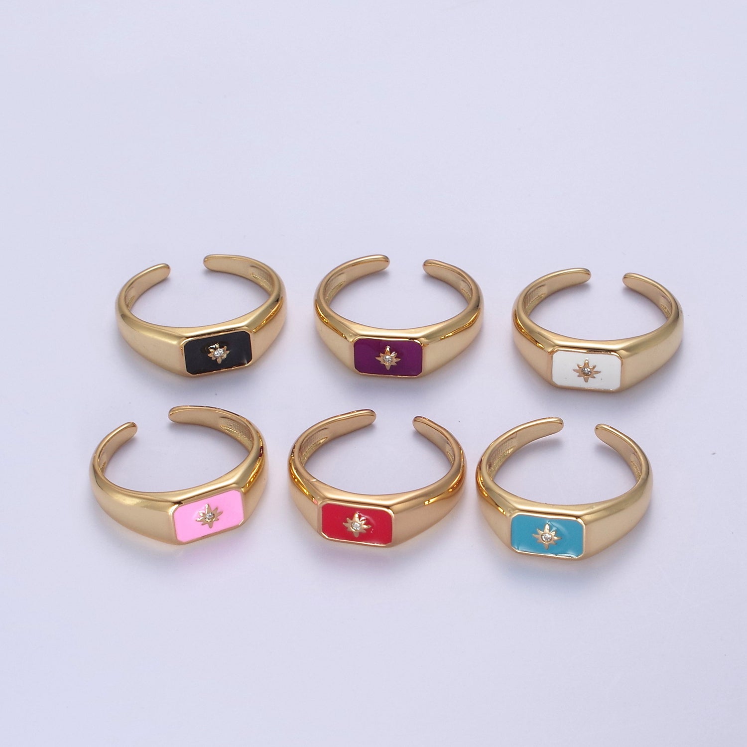 24K Gold Filled Black, Pink, Red, Purple Enamel CZ North Star Rectangle Signet Ring | U509 - U513