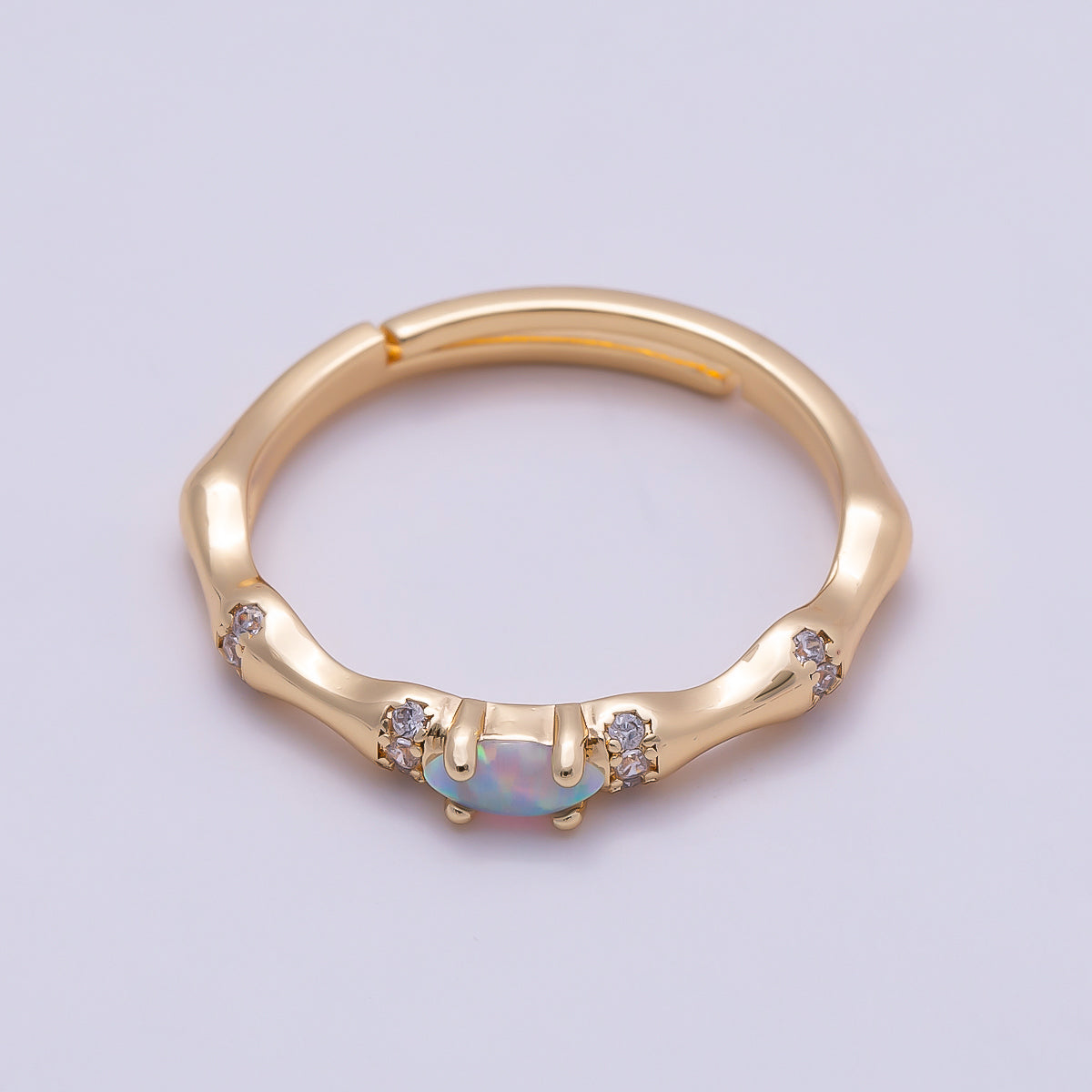 16K Gold Filled Opal Micro Paved CZ Bamboo Adjustable Ring | Rings-00140