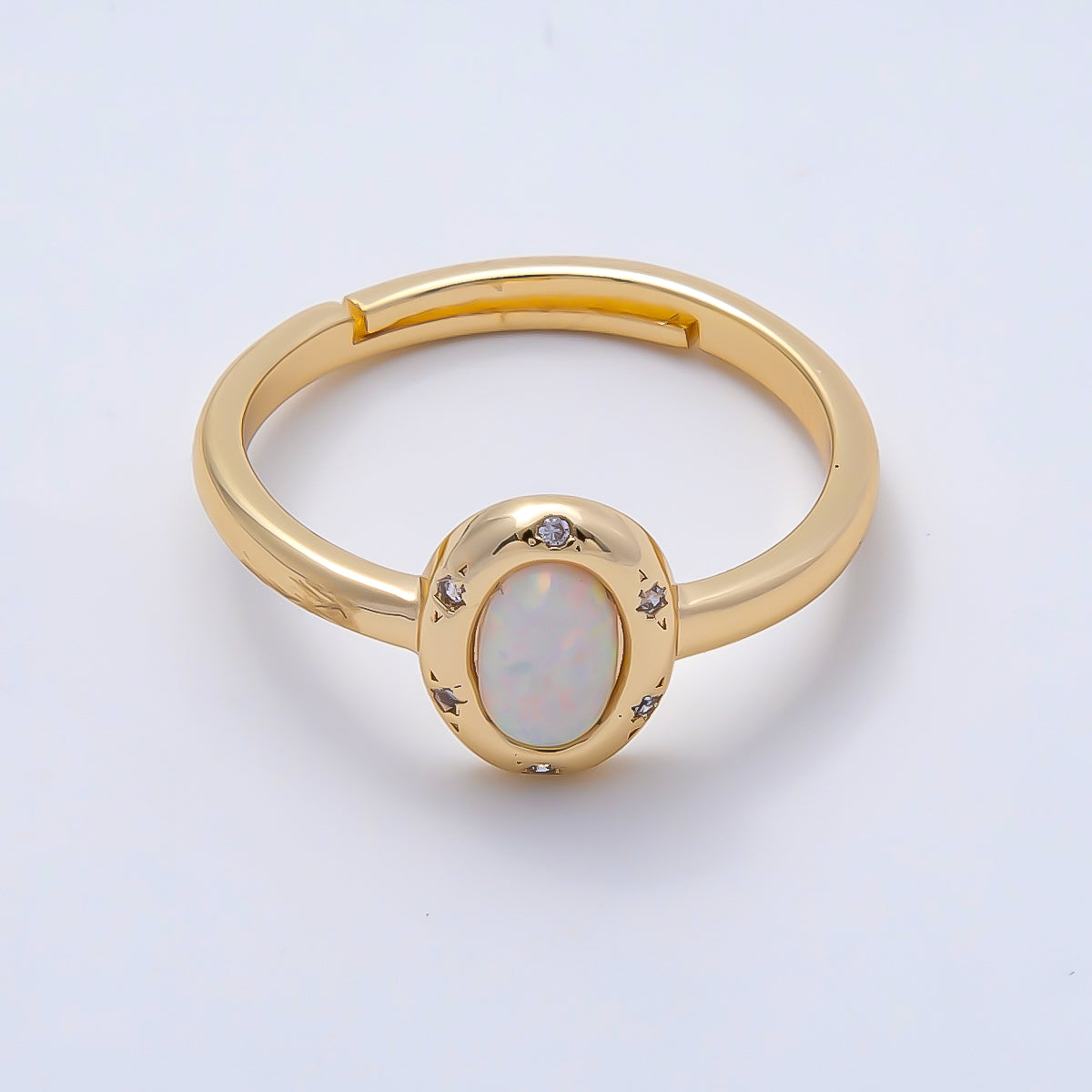 16K Gold Filled White Opal CZ Dotted Oval Bezel Solitaire Ring | Rings-00142