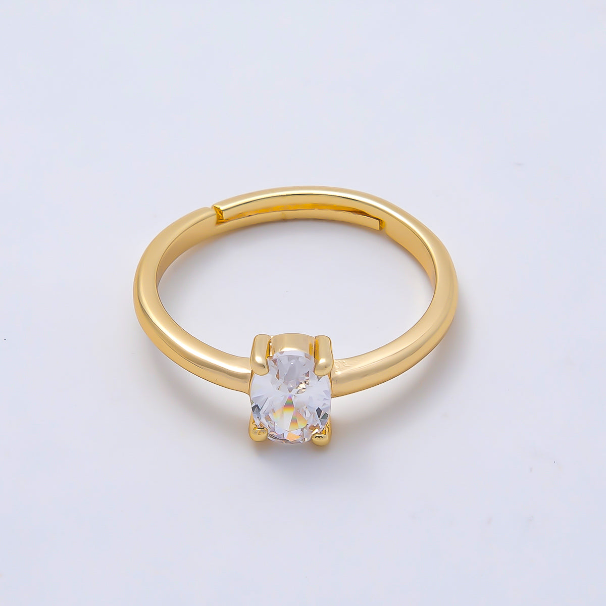 16K Gold Filled Clear Oval CZ Solitaire Adjustable Ring in Gold & Silver | Rings-00147 Rings-00148