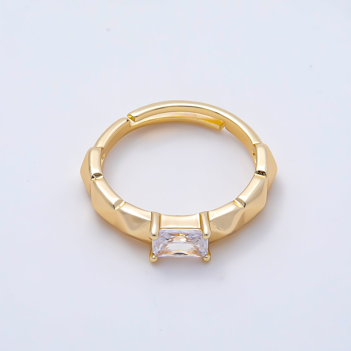 16K Gold Filled Clear Baguette CZ Edge Multifaceted Band Solitaire Ring in Gold & Silver | Rings-00149 Rings-00150