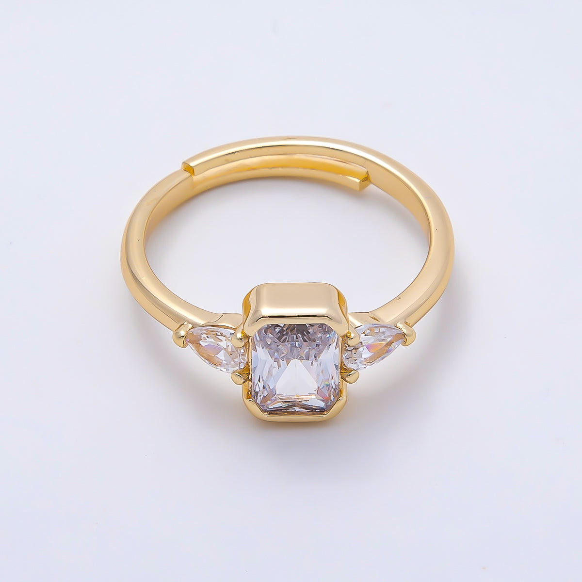 16K Gold Filled Clear Baguette Teardrop CZ Solitaire Adjustable Ring in Gold & Silver | Rings-00155 Rings-00156