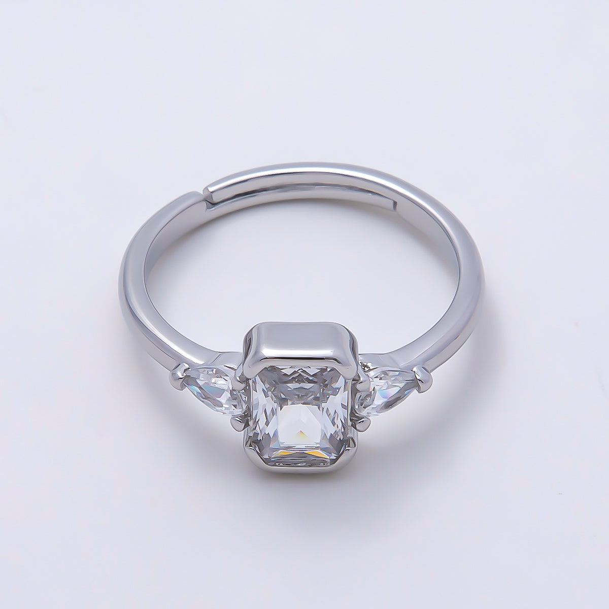 16K Gold Filled Clear Baguette Teardrop CZ Solitaire Adjustable Ring in Gold & Silver | Rings-00155 Rings-00156
