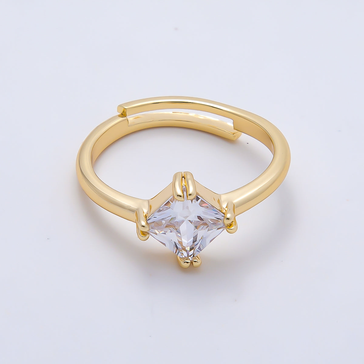 16K Gold Filled Clear Rhombus CZ Solitaire Adjustable Ring in Gold & Silver | Rings-00157 Rings-00158
