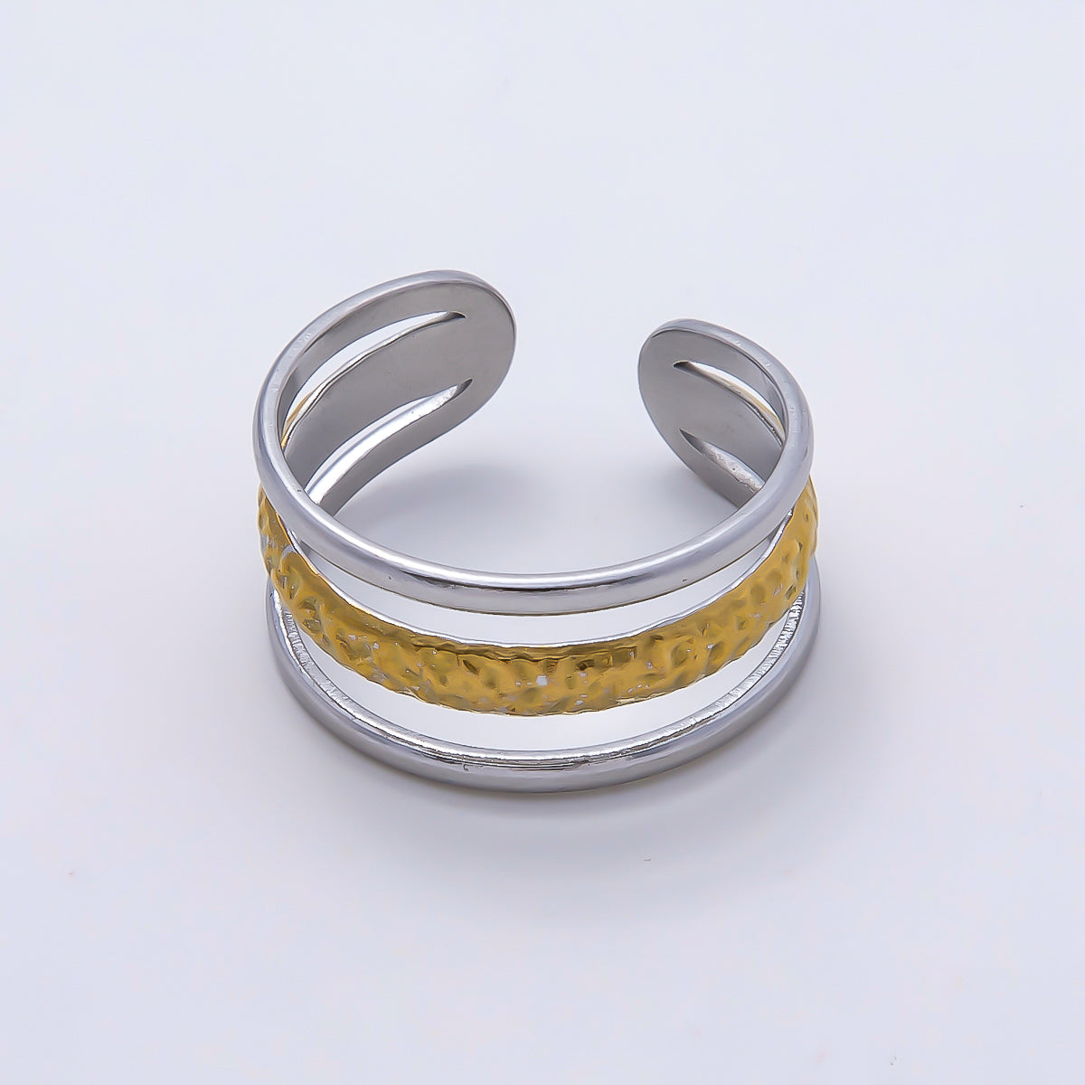 Stainless Steel Mixed Metal Wide Textured Triple Band Ring | Rings-00181