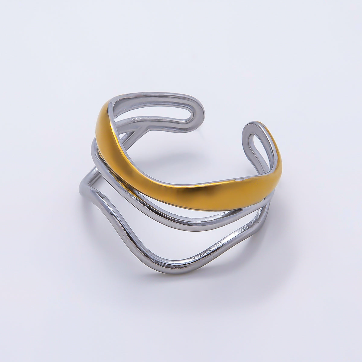 Stainless Steel Mixed Metal Curved Wave Triple Band Ring | Rings-00183