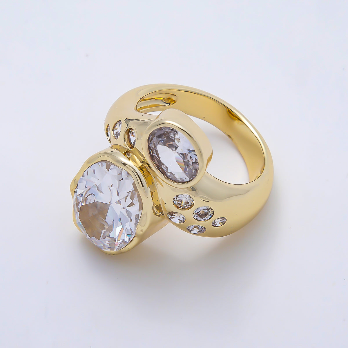 16K Gold Filled Clear CZ Round Dotted Solitaire Geometric Ring | Rings-00193