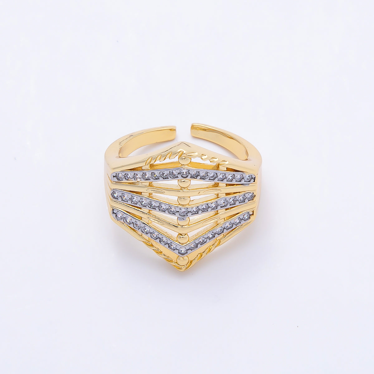 16K Gold Filled Micro Paved CZ Geometric Chevron Mixed Metal Ring | Rings-00195