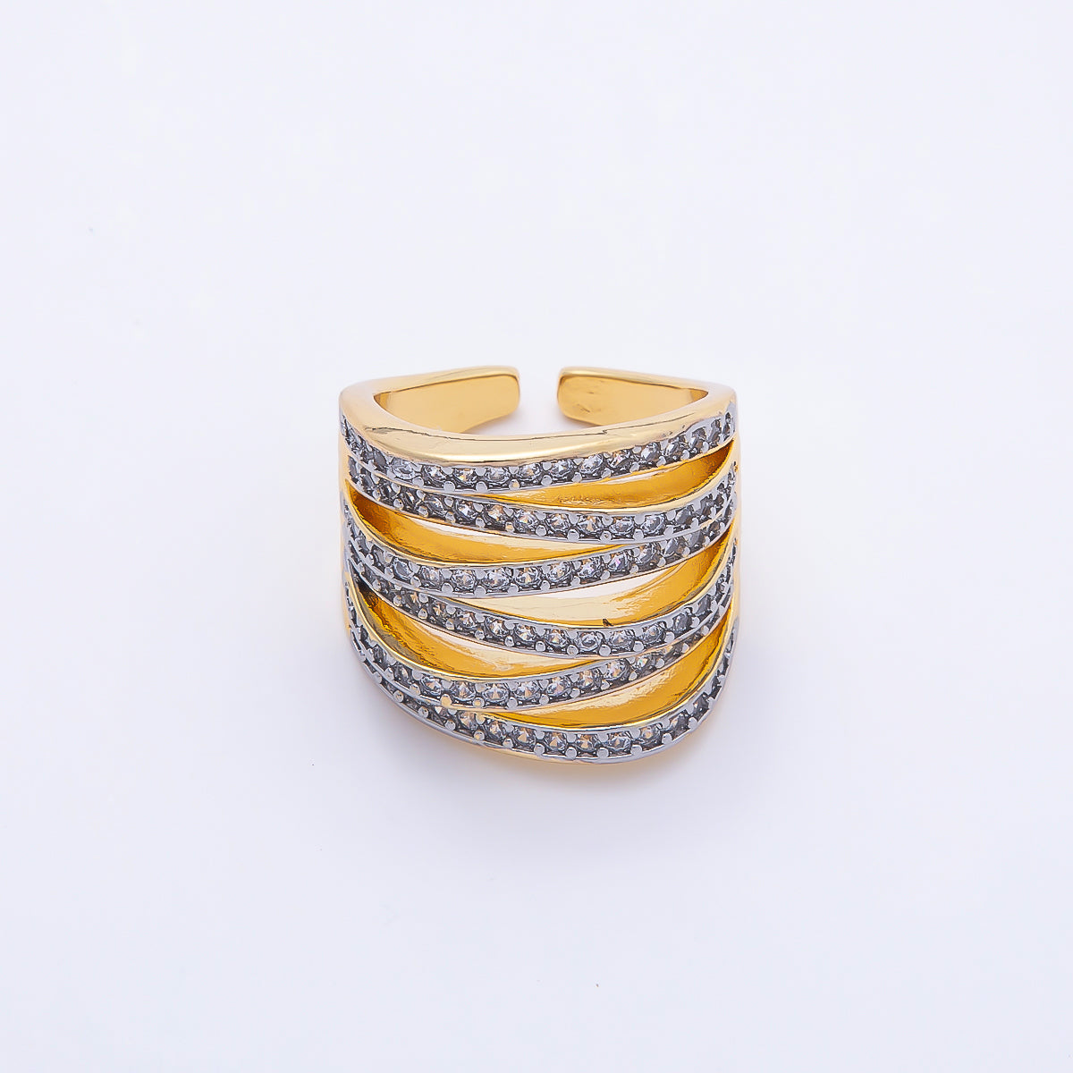 16K Gold Filled Micro Paved CZ Multiple Band Knot Wide Mixed Metal Ring | Rings-00265