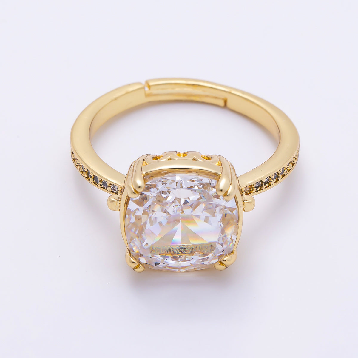 16K Gold Filled Clear Rounded Square Baguette Prong Micro Paved CZ Ring | Rings-00290