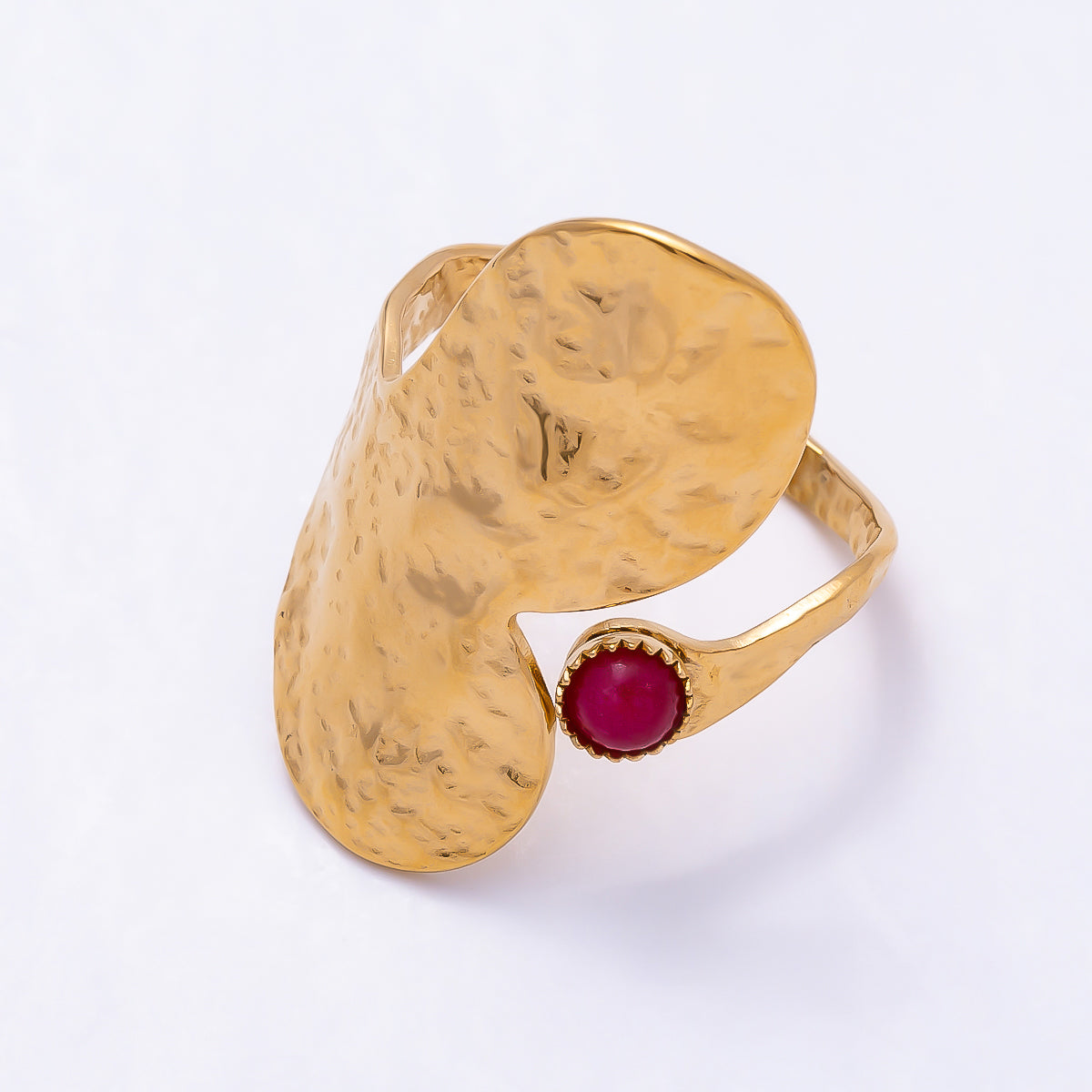 PVD Gold Stainless Steel Red Agate Gemstone Hammered Geometric Wrap Ring | Rings-00313