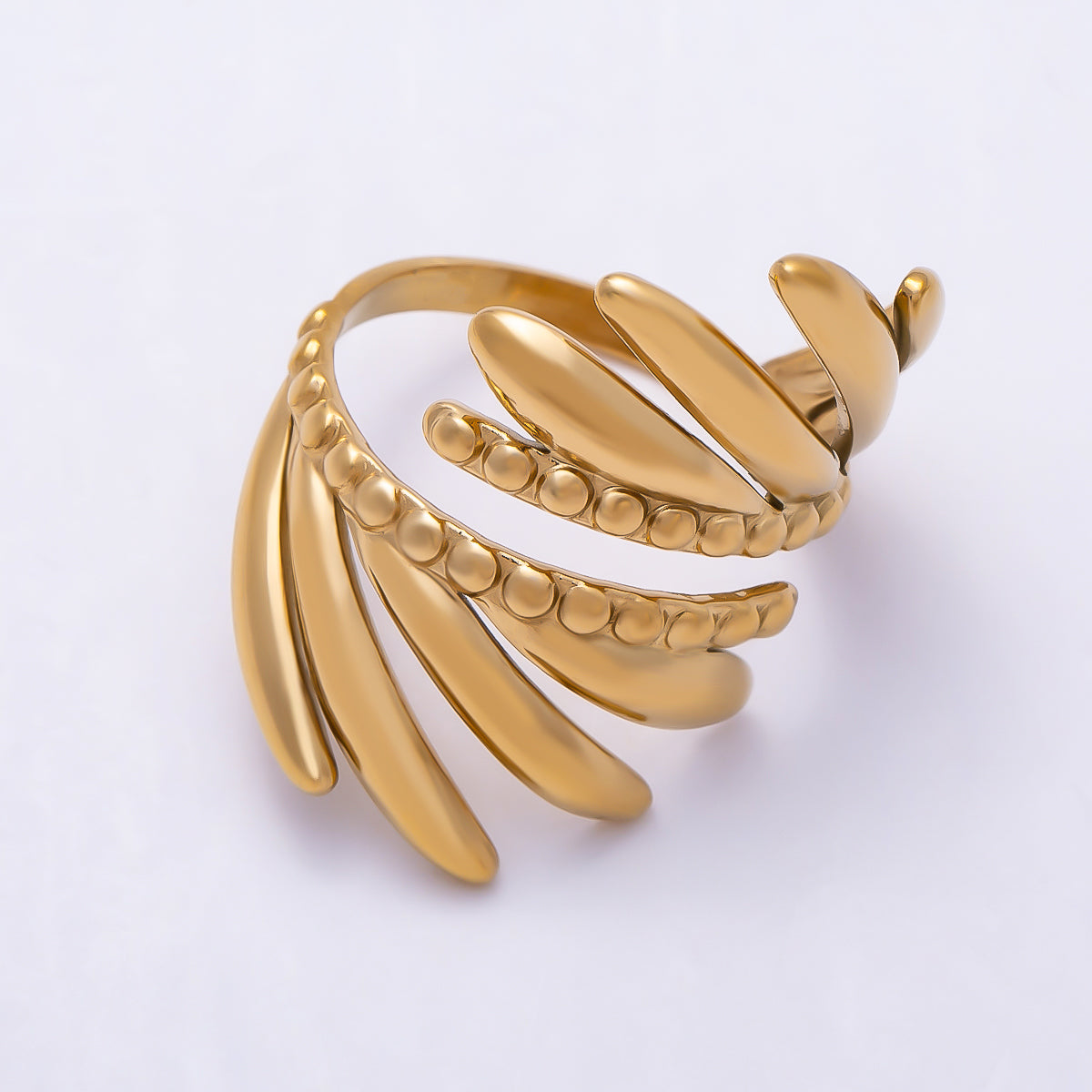 PVD Gold Stainless Steel Minimalist Geometric Leaf Wing Wrap Ring | Rings-00320