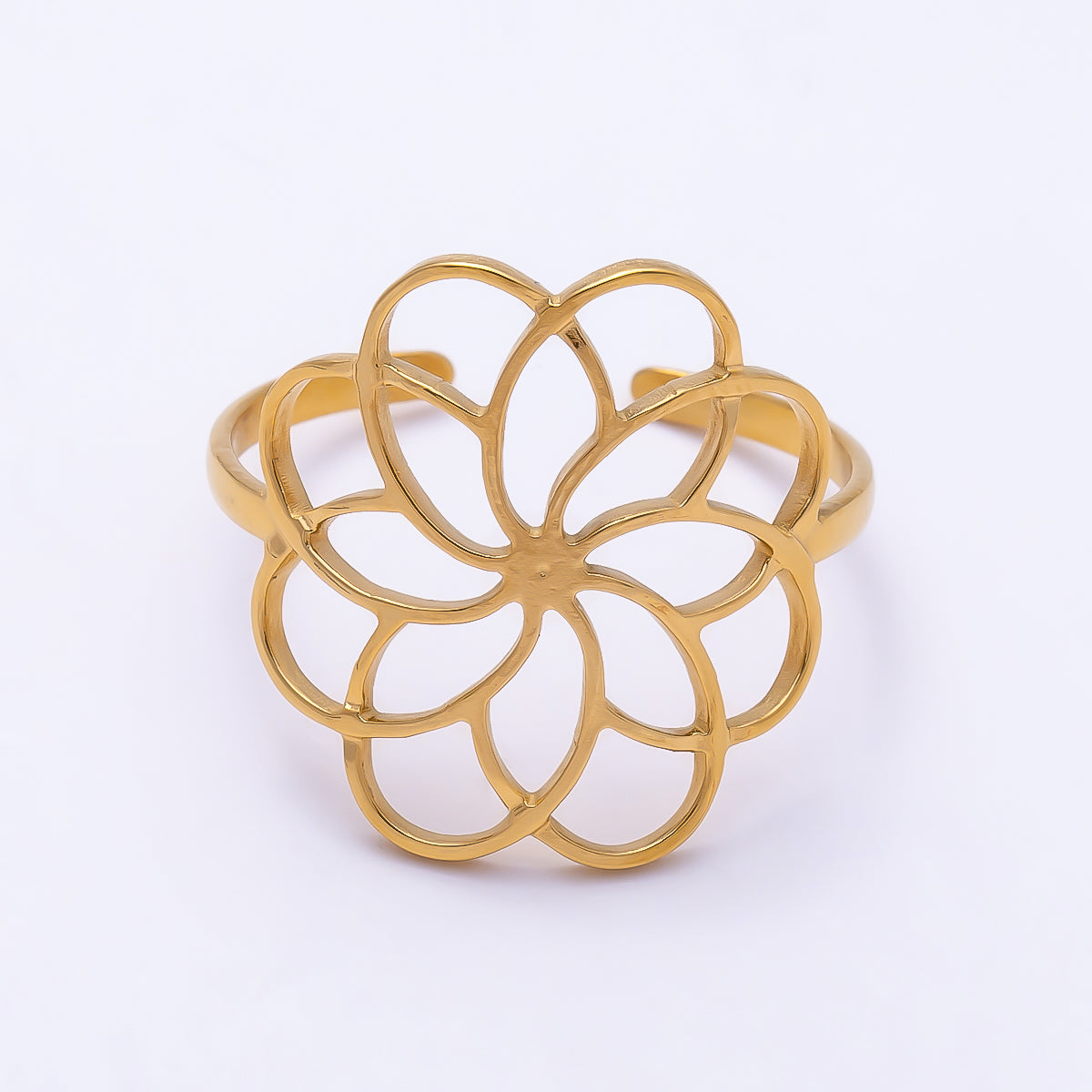 PVD Gold Stainless Steel Open Minimalist Flower Statement Ring | Rings-00323