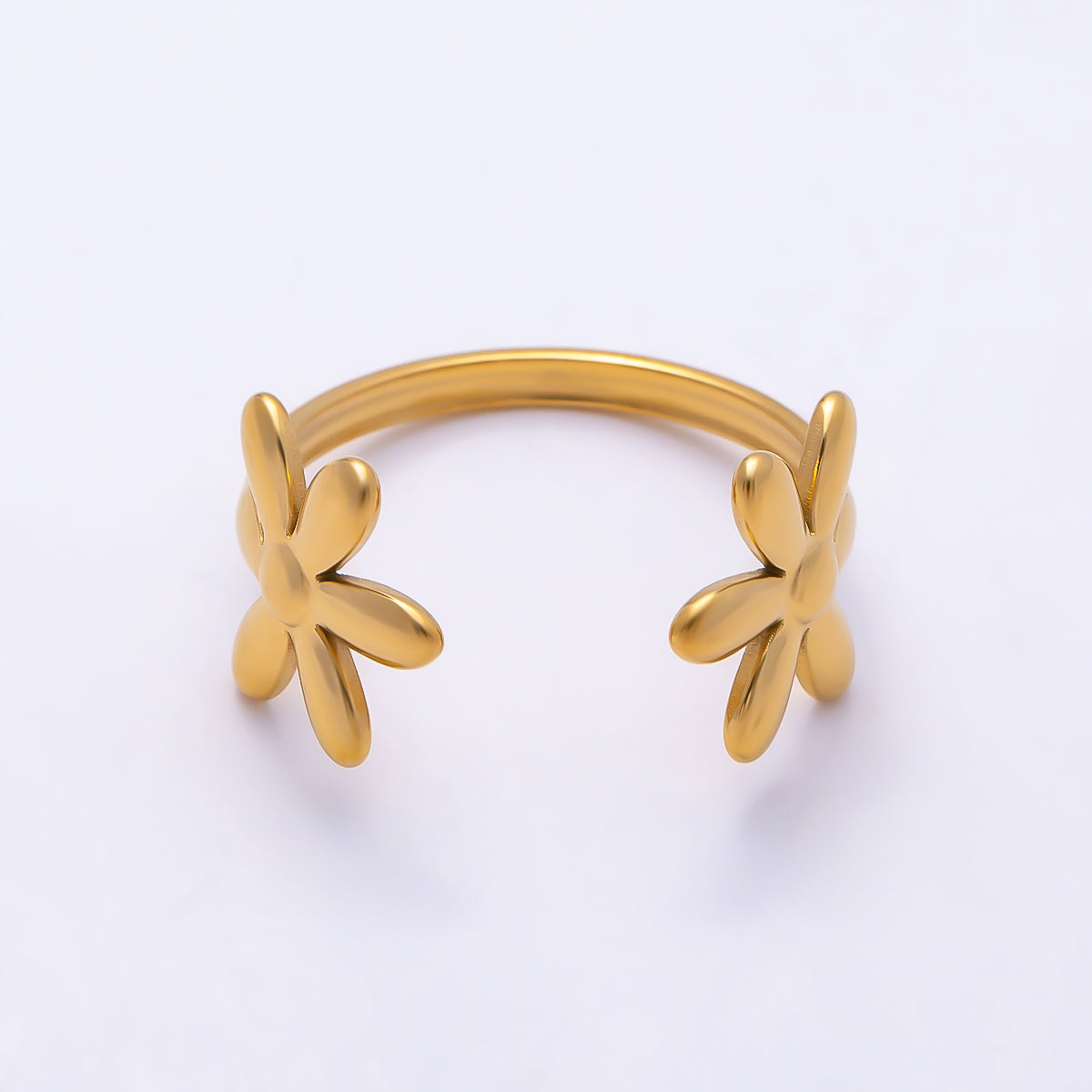 PVD Gold Stainless Steel Double Flower Minimalist Wrap Ring | Rings-00325