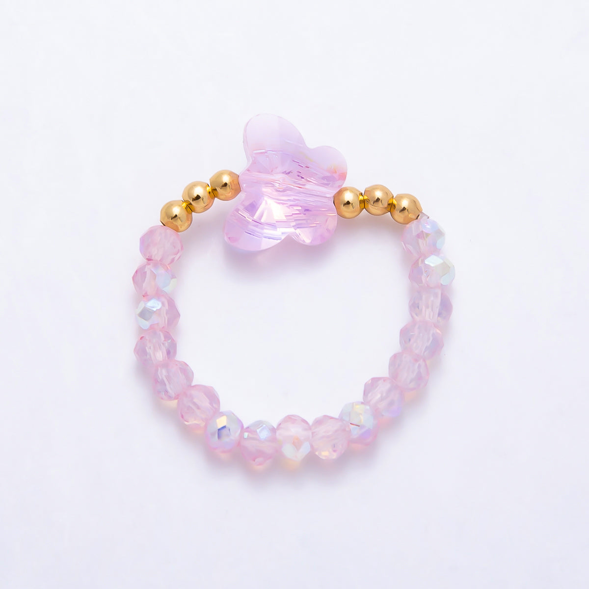 16K Gold Filled Pink, Dark Blue, White, Purple, Black, Green, Blue, Grey Multifaceted Crystal Gemstone Bead Butterfly Stretch Ring | Rings-00339 ~ Rings-00346