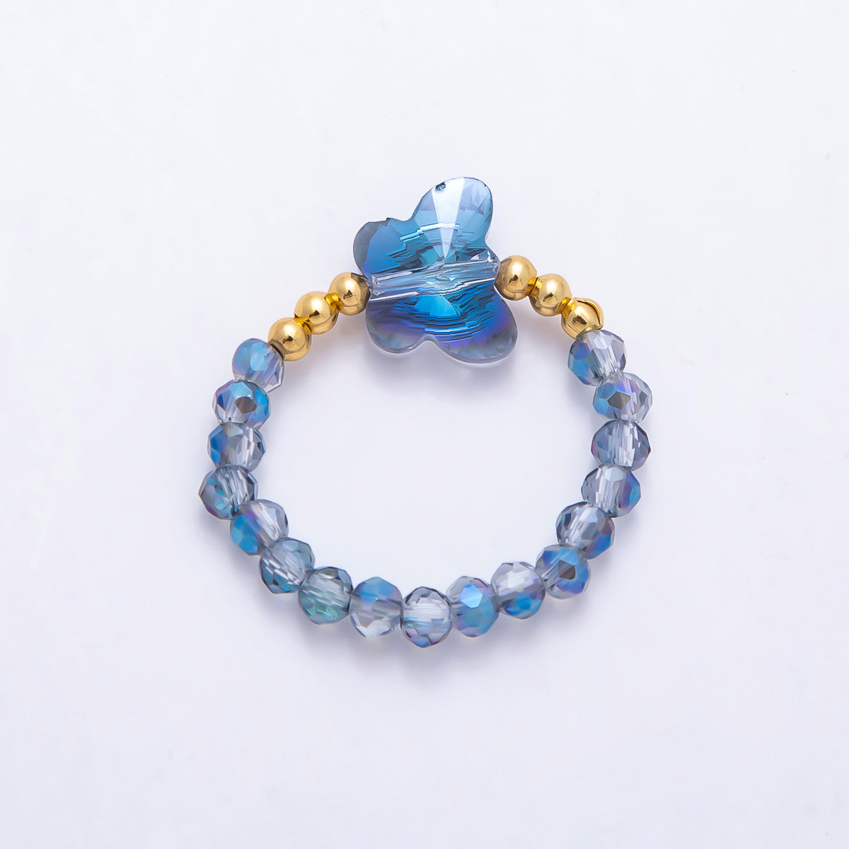 16K Gold Filled Pink, Dark Blue, White, Purple, Black, Green, Blue, Grey Multifaceted Crystal Gemstone Bead Butterfly Stretch Ring | Rings-00339 ~ Rings-00346