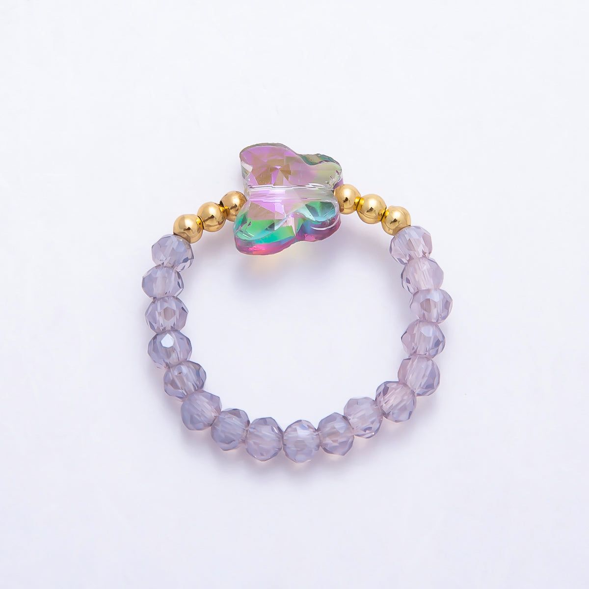 16K Gold Filled Pink, Dark Blue, White, Purple, Black, Green, Blue, Grey Multifaceted Crystal Gemstone Bead Butterfly Stretch Ring | Rings-00339 ~ Rings-00346