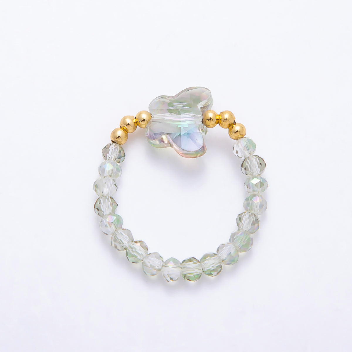 16K Gold Filled Pink, Dark Blue, White, Purple, Black, Green, Blue, Grey Multifaceted Crystal Gemstone Bead Butterfly Stretch Ring | Rings-00339 ~ Rings-00346