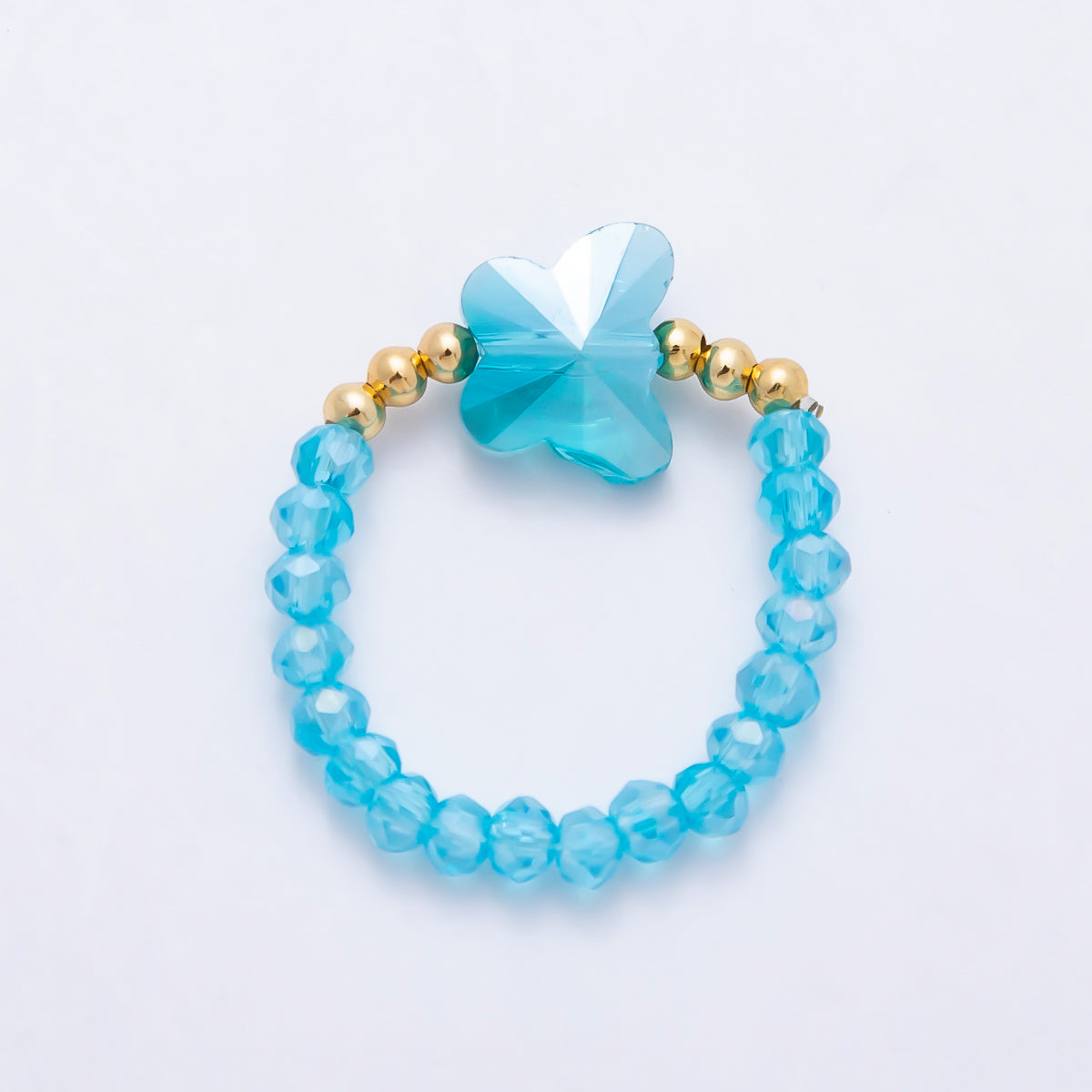 16K Gold Filled Pink, Dark Blue, White, Purple, Black, Green, Blue, Grey Multifaceted Crystal Gemstone Bead Butterfly Stretch Ring | Rings-00339 ~ Rings-00346