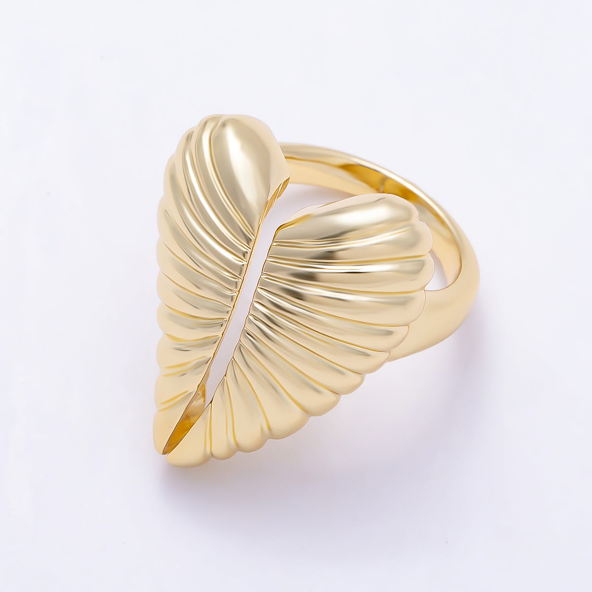 16K Gold Filled Lined Ribbed Chubby Heart Palm Leaf Ring | Rings-00351