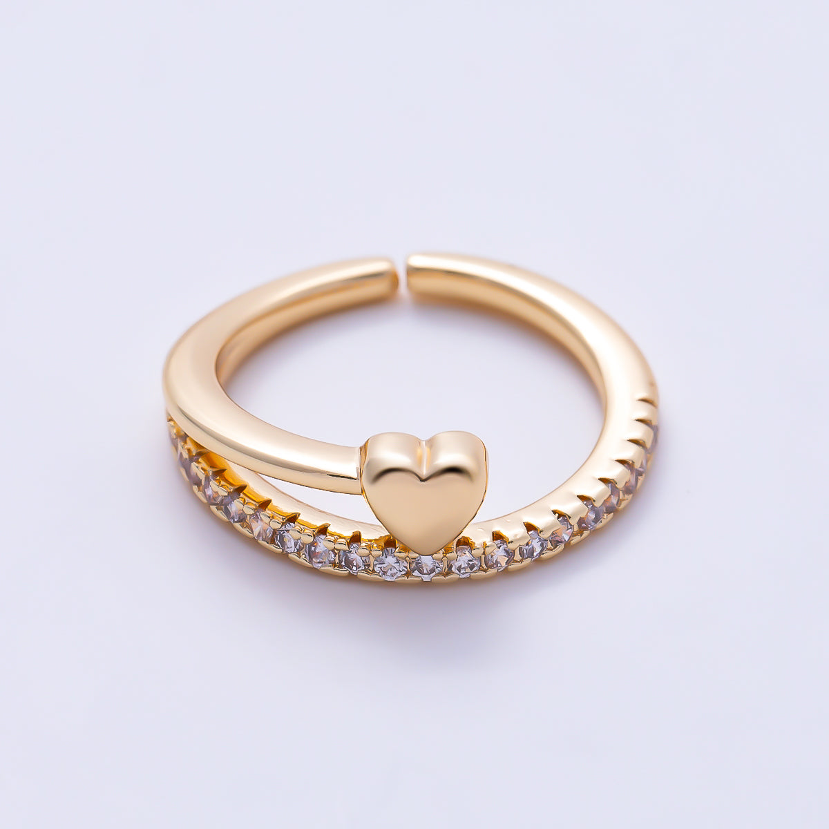 16K Gold Filled Micro Paved CZ Puffy Heart Half Eternity Open Adjustable Pinky Ring | Rings-00386