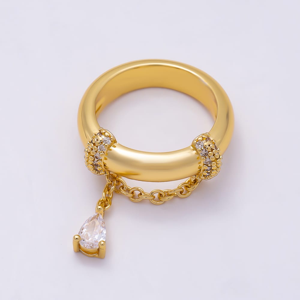 16K Gold Filled Clear Teardrop Charm Double Micro Paved CZ Chain Ring | Rings-00426