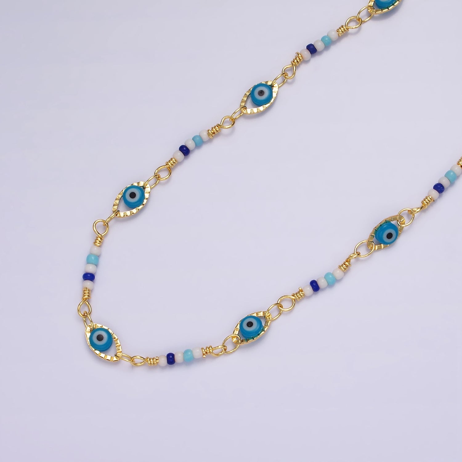 14K Gold Filled Pink, Blue Multicolor Bead Micro Paved Evil Eye Unfinished Chain by Yard | Roll-01418 Roll-01417