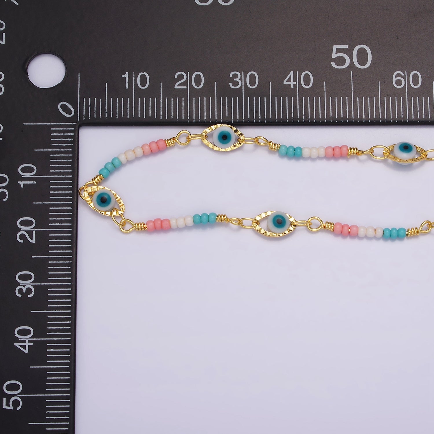 14K Gold Filled Pink, Blue Multicolor Bead Micro Paved Evil Eye Unfinished Chain by Yard | Roll-01418 Roll-01417