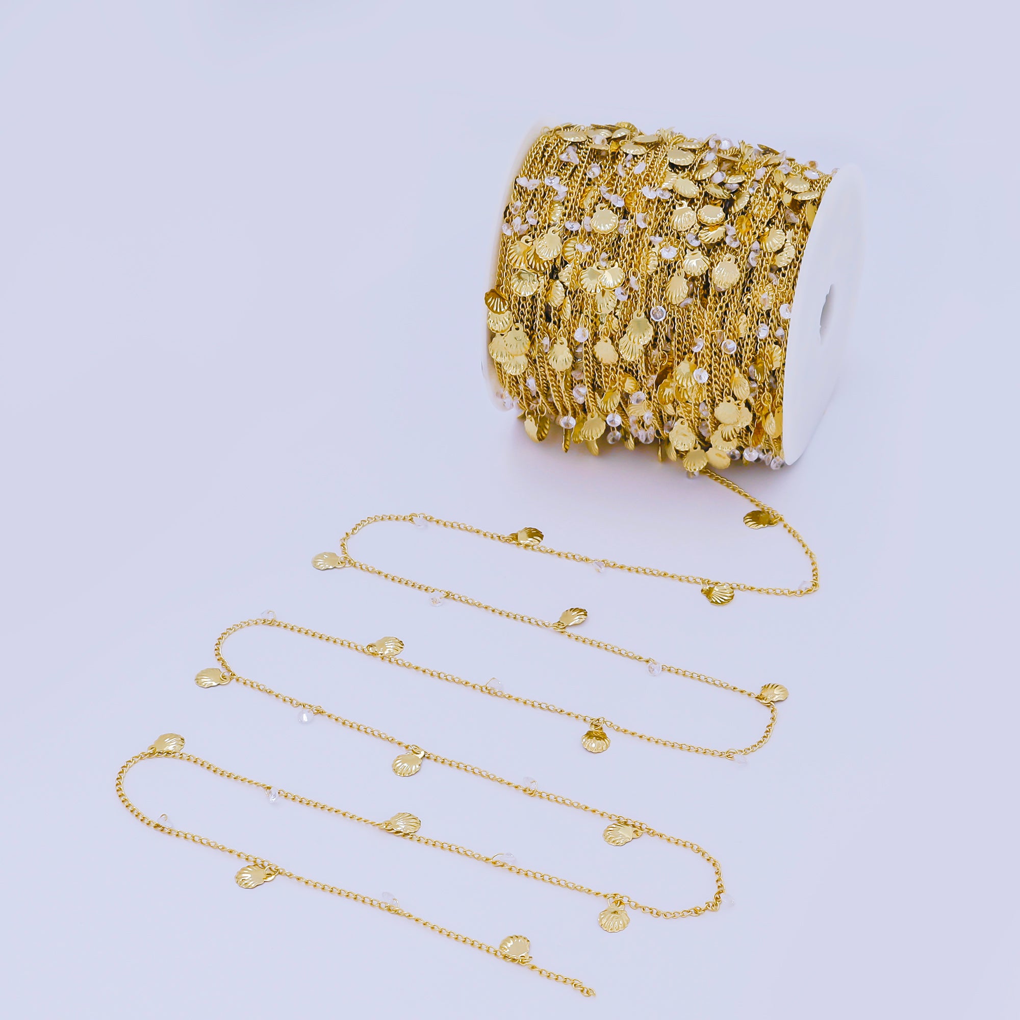 24K Gold Filled 2mm Round CZ Seashell Curb Unfinished Chain by Yard | ROLL-01673